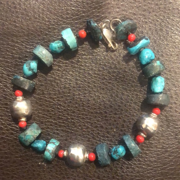 STERLING SILVER and TURQUOISE Rustic Bracelet with Lobster a Clasp - Picture 11 of 11